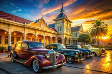 Vibrant evening scene of Gangster Town's nostalgic Americana architecture and vintage cars at Museum Angkut in Batu, Indonesia, bathed in warm golden light.