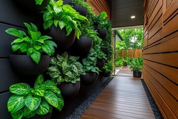 Aufkleber - A serene corridor featuring lush indoor plants in modern pots, complemented by wooden panels and a peaceful outdoor view.