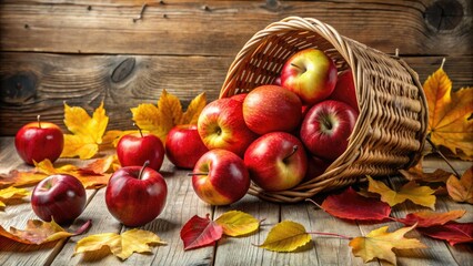 Sticker - Vibrant fresh red apples spilling out of a woven basket on a rustic wooden table against a clean white background, surrounded by scattered autumn leaves.