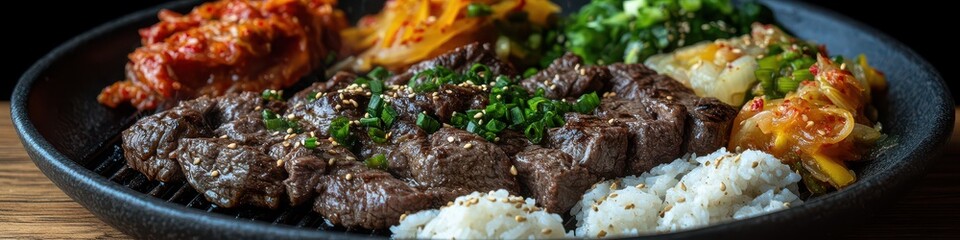 Wall Mural - Delicious Korean BBQ dish with grilled beef, kimchi, and assorted vegetables on a dark plate; traditional Korean cuisine presentation