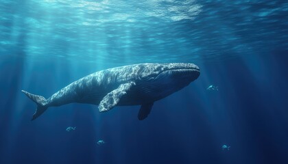 Wall Mural - A humpback whale swims gracefully through the clear blue water, bathed in sunlight.