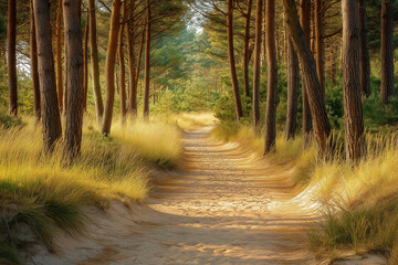 Wall Mural - forest sand road in beautiful green forest in summer, generative AI