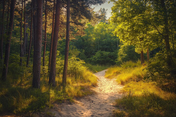 Wall Mural - forest sand road in beautiful green forest in summer, generative AI