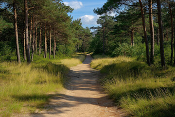 Wall Mural - forest sand road in beautiful green forest in summer, generative AI