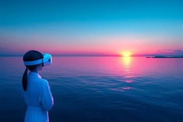 Sticker - Sunset Serenity in Virtual Reality: A Woman Immersed in a Tranquil Ocean Scene with VR Headset Blending the Calmness of a Sunset Horizon with the Immersive Power of Modern Technology