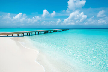 Wall Mural - light wooden jetty on a beautiful clear turquoise ocean on a beach in the Maldives, wallpaper, generative AI