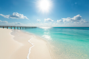 Wall Mural - light wooden jetty on a beautiful clear turquoise ocean on a beach in the Maldives, wallpaper, generative AI