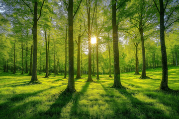 Canvas Print - beautiful green forest on a beautiful sunny day, generative AI