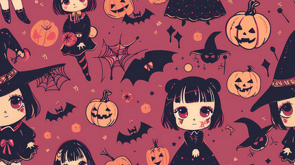 Anime Manga Halloween Witch Seamless Tile Pattern Design