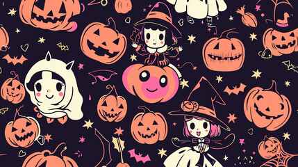 Anime Manga Halloween Witch Seamless Tile Pattern Design