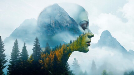 Wall Mural - portrait of a beautiful woman and mountain forest