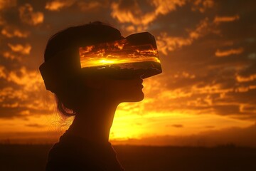 Sticker - A dynamic portrait of a man wearing a VR headset standing against a sunset sky with an orange glow symbolizing the energy and innovation of virtual experiences