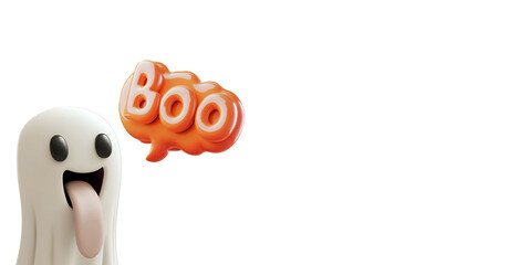 Wall Mural - 3D Cartoon Halloween Ghost Banner Saying “Boo” with Text Copy Space, Isolated on Transparent Background, PNG