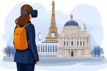 Poster - A woman standing in front of iconic European landmarks wearing a VR headset highlighting the blend of cultural exploration with modern digital experiences