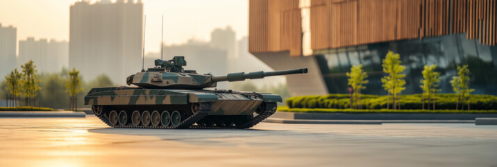 a war tank poses against the backdrop of beautiful modern buildings, generative AI