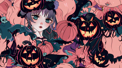 Anime Manga Halloween Witch Seamless Tile Pattern Design