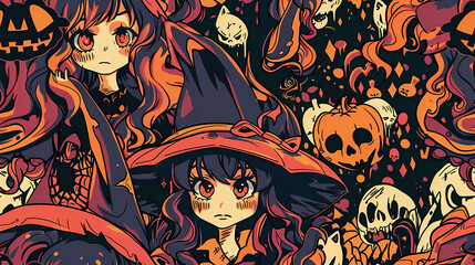 Anime Manga Halloween Witch Seamless Tile Pattern Design