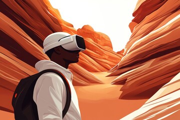 Poster - A person exploring a rugged canyon wearing a VR headset capturing the adventurous blend of natural landscapes and immersive digital experiences