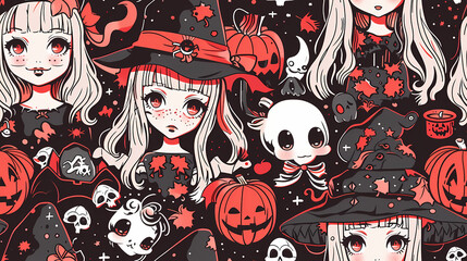 Wall Mural - Seamless Halloween Witch Tile Pattern in Anime Manga Style