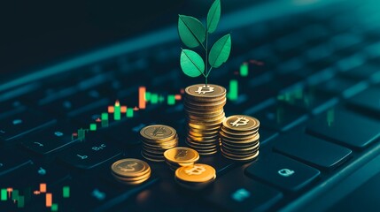 Wall Mural - gold bitcoin coins and computer keyboard on wooden desk