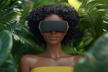 Canvas Print - A woman standing in a lush tropical environment wearing a VR headset symbolizing the harmony between natural beauty and immersive digital technology in a vibrant setting