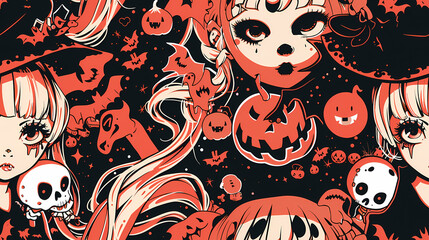 Wall Mural - Seamless Halloween Witch Tile Pattern in Anime Manga Style