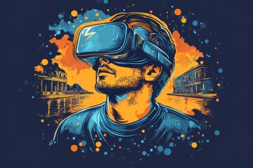 Poster - A surreal digital portrait of a person wearing a VR headset set against a vibrant background symbolizing the blend of creativity and modern digital technology in an abstract environment