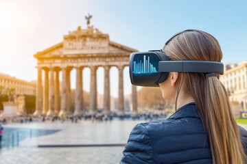 Poster - A woman standing in front of an ancient temple wearing a VR headset symbolizing the fusion of cultural heritage and modern digital technology in a historical setting