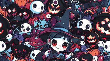 Wall Mural - Seamless Halloween Witch Tile Pattern in Anime Manga Style