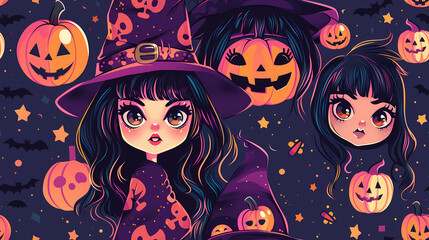 Wall Mural - Seamless Halloween Witch Tile Pattern in Anime Manga Style