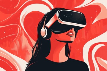 Wall Mural - stylized vector art of a woman engaged in a virtual reality experience depicted in bold red and blac
