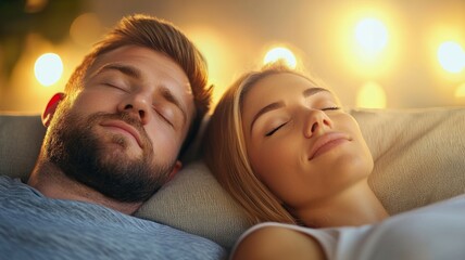 Wall Mural - A man and a woman are sleeping on a couch