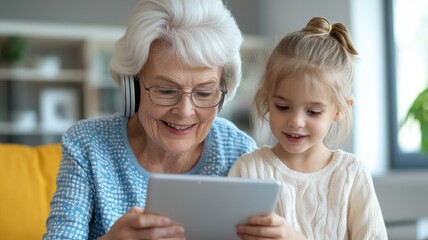 Sticker - A woman and a young girl are sitting together and looking at a tablet