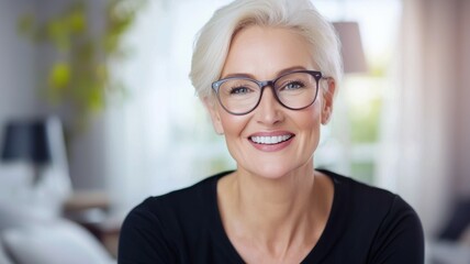 Wall Mural - A woman wearing glasses and a black shirt is smiling