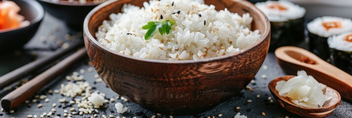 Poster - Sushi preparation using sushi rice in a traditional wooden bowl