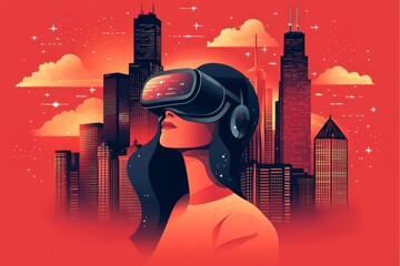 Wall Mural - Stylized vector of a woman in a VR headset set against a glowing city skyline symbolizing the blend of digital technology with urban exploration in a futuristic modern world