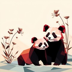 Two Adorable Pandas in a Low Poly Style