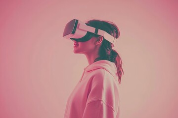 Poster - Minimalist side profile of a woman in a VR headset set against a soft pink background symbolizing the simplicity and elegance of digital immersion in a modern context