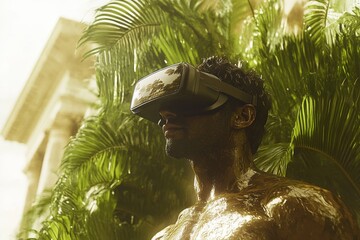 Sticker - Profile of a man in a VR headset standing in a sunlit garden symbolizing the intersection of digital technology with the tranquil beauty of outdoor environments