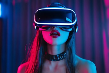 Poster - Woman in a VR headset bathed in vibrant neon lights experiencing the immersive excitement of digital reality in a modern futuristic environment