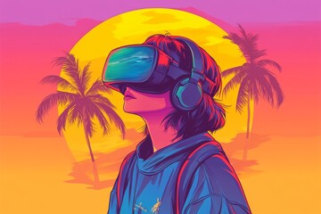 Poster - Stylized vector of a man in a VR headset set against a colorful sunset with palm trees symbolizing the vibrant fusion of digital technology and tropical adventure