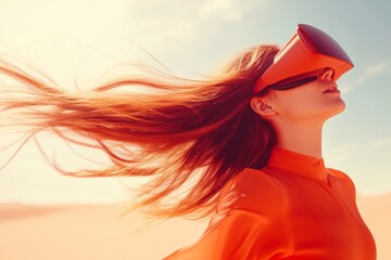 Wall Mural - woman reveling in a virtual reality experience wind blowing through her hair fully immersed in a vib