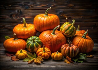 Wall Mural - Vibrant orange pumpkins and gourds arranged artfully on a rustic dark wooden background, evoking cozy autumnal ambiance and perfect for fall and Thanksgiving themes.