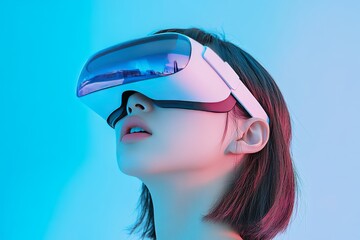 Wall Mural - minimalist portrait of a young woman in a futuristic setting wearing a sleek vr headset and explorin