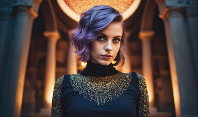 A young woman with purple hair stands in front of a wall of columns