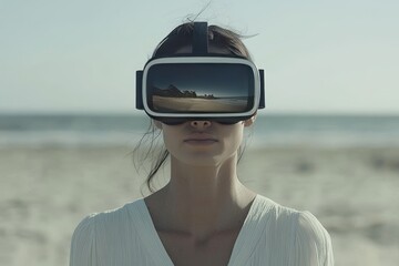 Sticker - A serene woman explores a minimalist virtual reality world her VR headset perfectly blending with the soft muted tones of the beach landscape as the waves gently lap the shore