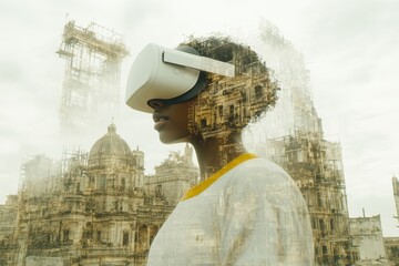 Sticker - A woman merges with a towering structure through her VR headset blending architecture and technology in an ethereal surrealistic virtual reality experience