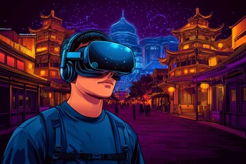 Wall Mural - A man in a VR headset explores a virtual marketplace at night where neon lights and traditional architecture converge blending history and technology in a vibrant immersive experience