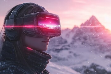 Sticker - A man wearing a VR headset experiences an alternate reality on a snowy mountaintop where the glowing light of his digital world merges with the cold harsh environment