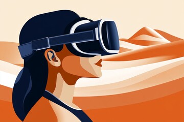 Sticker - A woman in a VR headset explores a virtual desert at sunset where the soft tones of the sand dunes merge with the vibrant colors of the sky creating a surreal immersive landscape